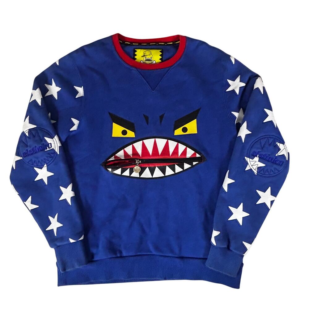 Elstinko Crew Sweatshirt L Blue Ebony Monster Zipper Mouth Star Shark Face Korea